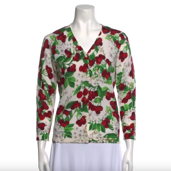 SAMANTHA SUNG Silk Printed Cherry Bunches Knit Cardigan Silk/Cashmere Blend SZ S - Picture 1 of 4